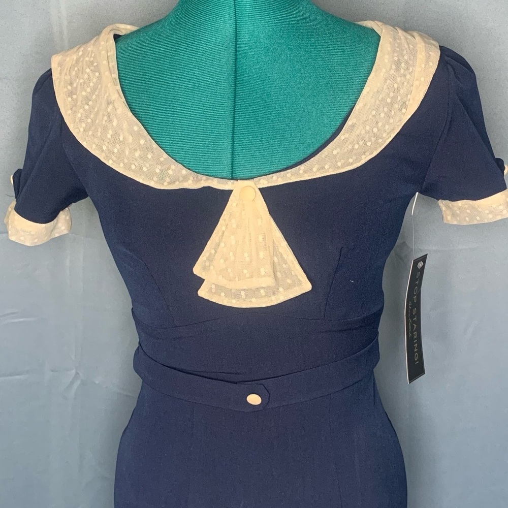 NWT Stop Staring! ‘The Raileen’- pinup-style, navy blue dress with cream lace